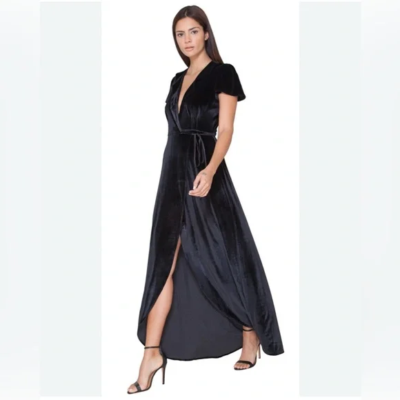 Hale Bob Dresses | Hale Bob Silky Velvet Jovina Wrap Maxi Evening Gown Dress Dark Feminine L Large | Color: Black | Size: L | Natali25's Closet